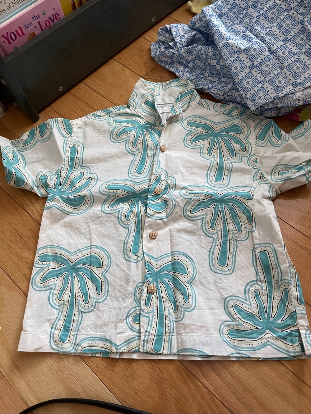 Kids Palm-Print Short Sleeve Button-Up Shirt - Teal & White